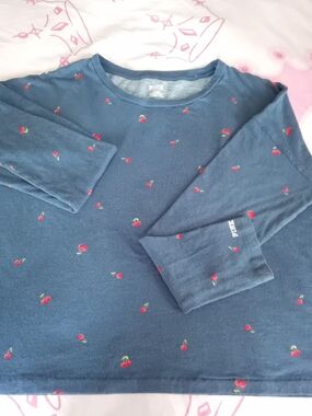 PINK Victoria's Secret Navy Long Sleeve Relax Tee with Red Cherry Print M Pj Top